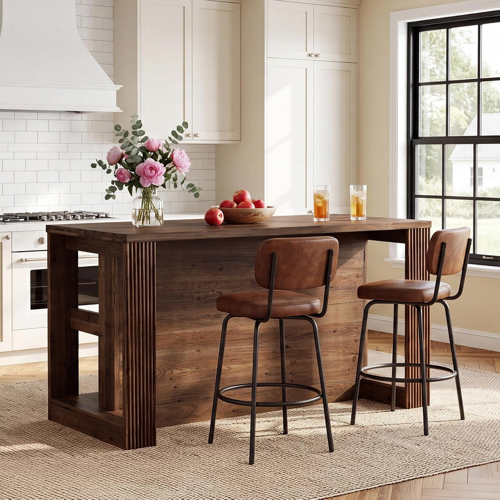 55" Solid Wood Kitchen Island Table with Storage | Farmhouse Island Table with 2-Tier Open Shelves, Sturdy Counter Height Bar Table for Kitchen, Dining Room, Rustic Brown
