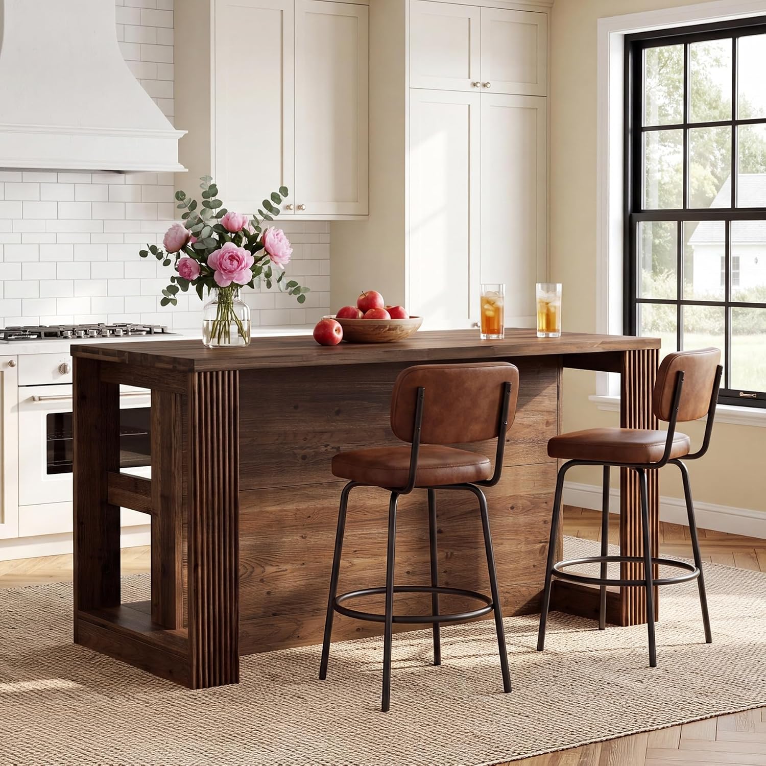 55" Solid Wood Kitchen Island Table with Storage | Farmhouse Island Table with 2-Tier Open Shelves, Sturdy Counter Height Bar Table for Kitchen, Dining Room, Rustic Brown