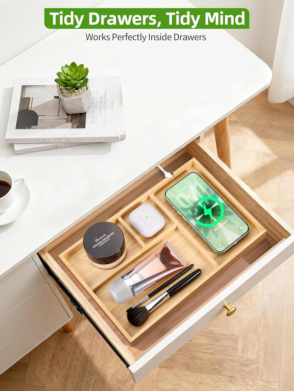Bamboo Valet Tray with Dual Wireless Charger - EDC Nightstand Organizer for Men - Desk Tray & Catchall for Phone, Watch, Keys - Aesthetic Desk Accessories & Father’s Day Gift for Men (Natural)