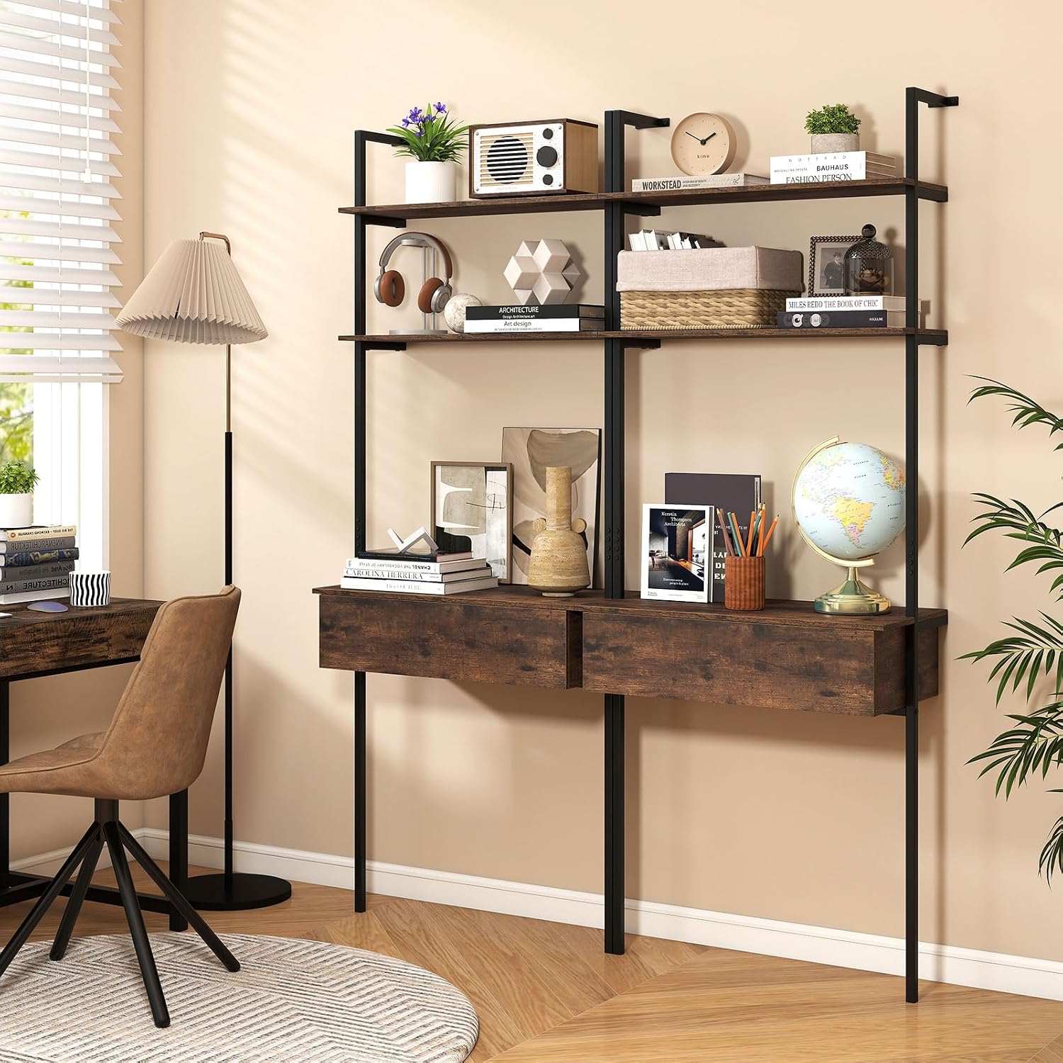 Giantex 4-Tier Ladder Bookshelf Set of 2, Wall Mounted Storage Shelf | Industrial Open Display Shelf w/2 Anti-Tipping Kits, Drawer & Metal Frame, Compact Storage Organizer for Living Room, Office