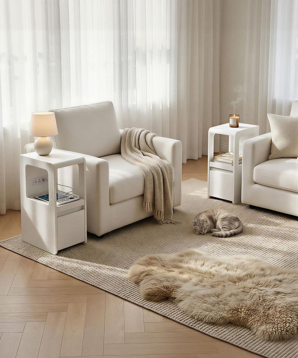 Narrow Side Table Small End Table with Charging Station White Skinny End Tabl...