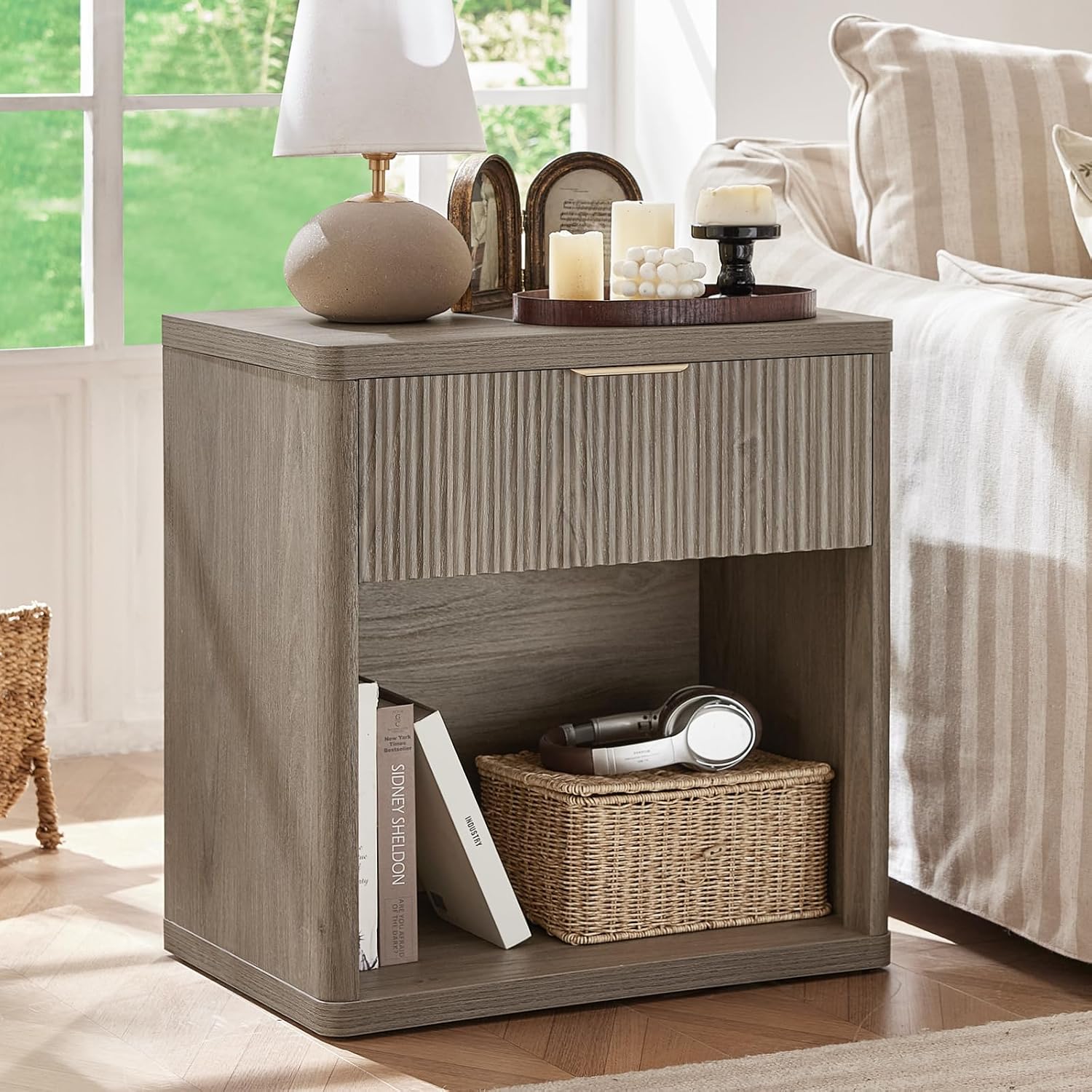 LEYAOYAO Fluted Farmhouse Nightstand Set of 2 with Charging Station, 23" Wide 1 Drawers End Table,Grey Dresser for Bedroom,Bed Side Table Chest of Drawers Cabinet,Wood Night Stand for Living Room