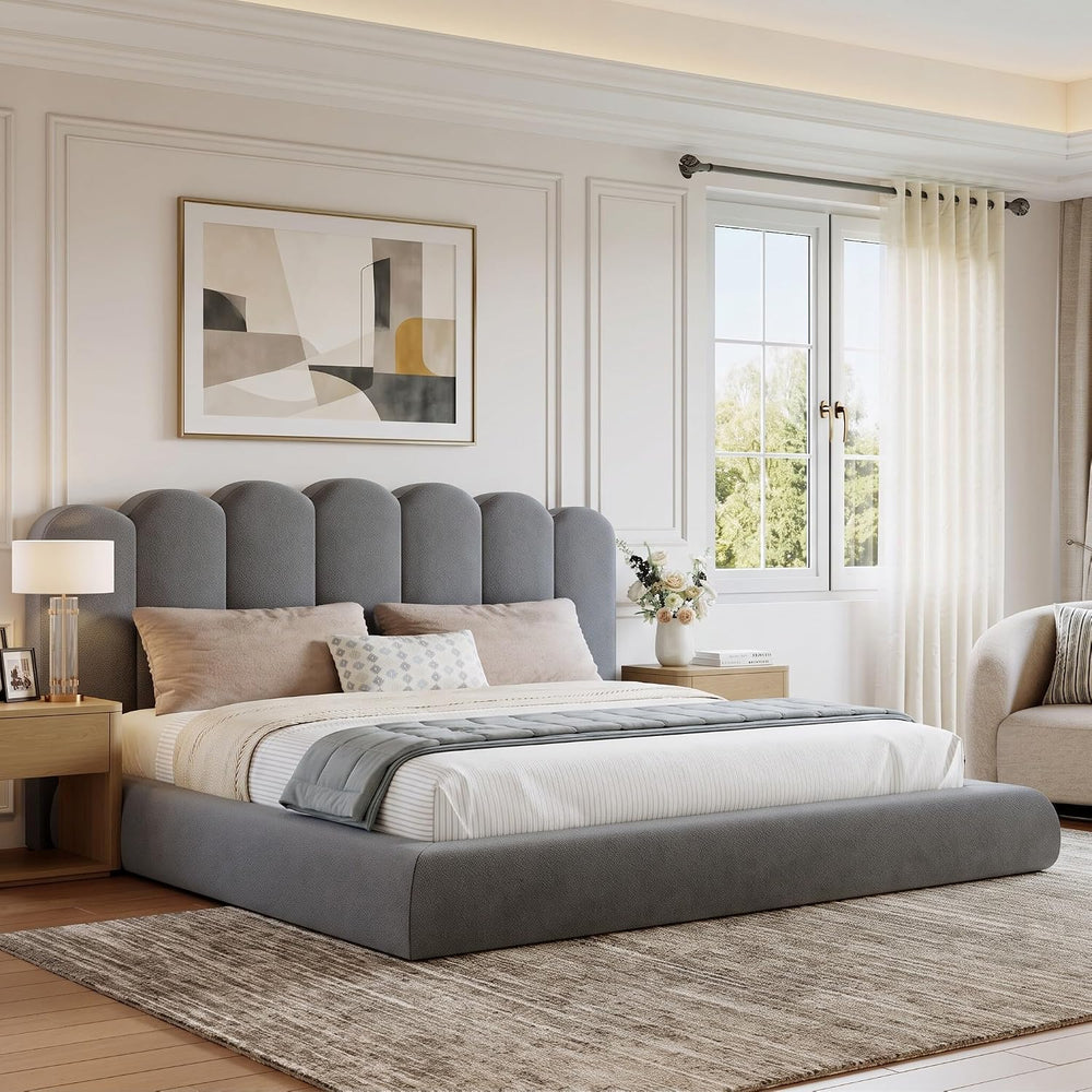 King Size Cloud Bed Frame with Headboard, Upholstered Platform Bed with Velve...