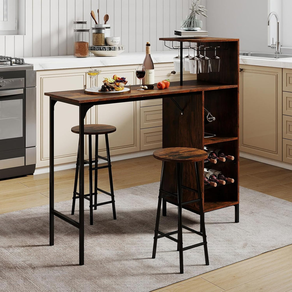 COSTWAY 3 Pieces Bar Table and Chair Set, Industrial Pub Table & Stools with Wine Glass Holders & 6-Bottle Wine Racks, Counter Height Dining Table Set for Living Room Dining Room Kitchen (Coffee)