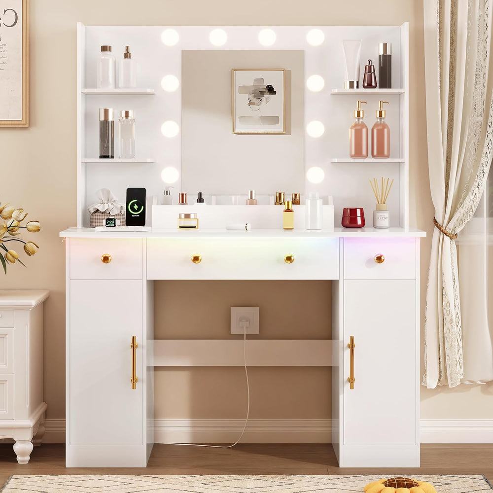 HUANLEGO Vanity Desk with Mirror and Lights, Makeup Vanity with Mirror and LE...