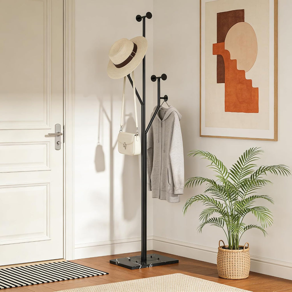 JIAYUEJU Freestanding Coat Rack Tree-shaped Metal Coat Tree with Heavy Duty Marble Base Corner Clothing Rack for Bedroom Entryway Hallway 14.96 x 10.24 x 68.9 Inches (Black)