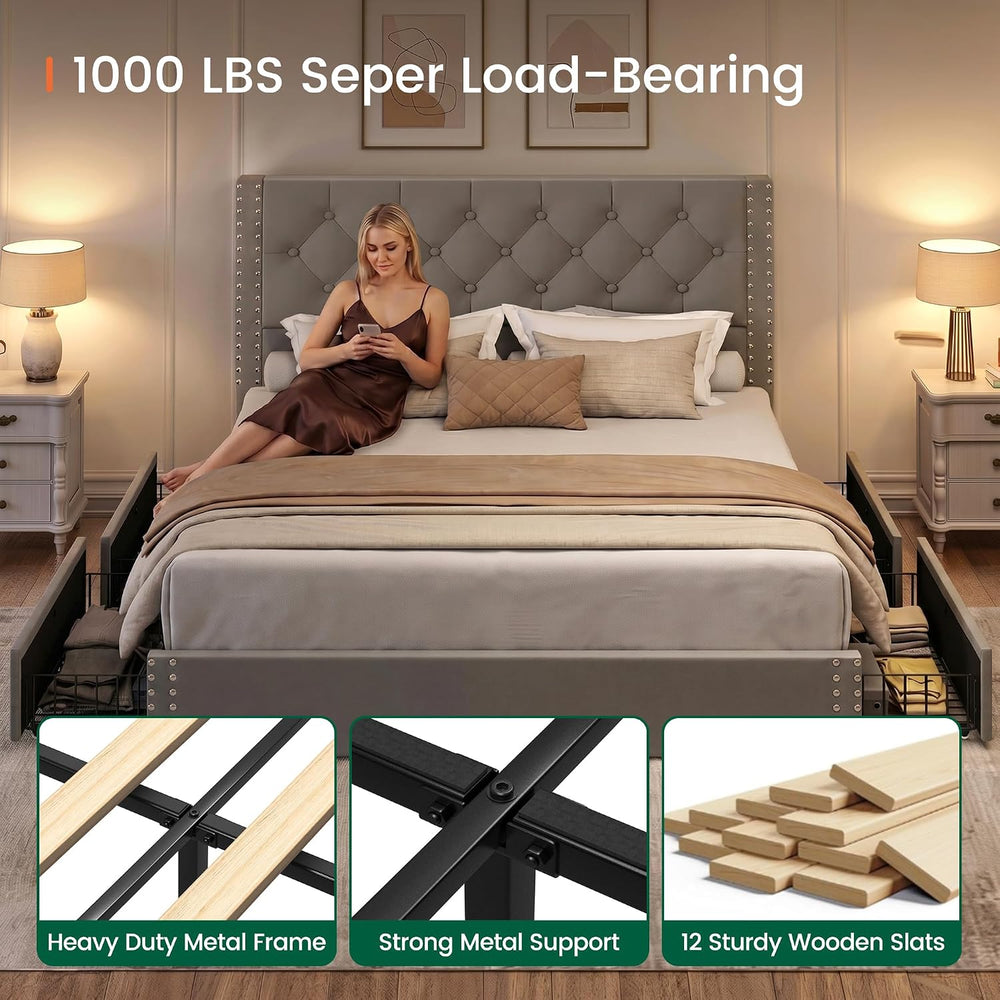 LARMACE Full Size Bed Frame Upholstered Platform Bed with 4 Storage Drawers a...