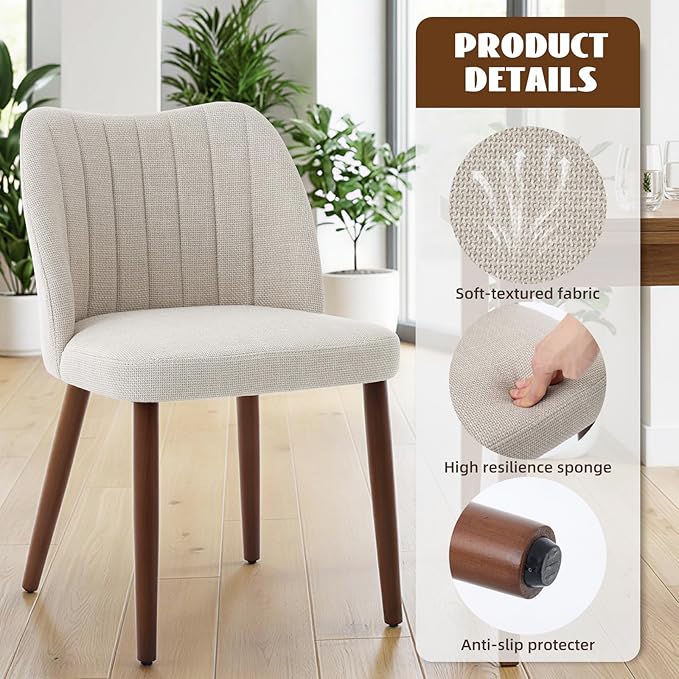 Wooden Dining Chairs Set of 2, Dining Room Chairs with Wood Legs, Upholstered Dining Chairs Modern Fabric Kitchen Chairs with Back for Kitchen/Living Room/Restaurant, Tool-Free Assembly, White