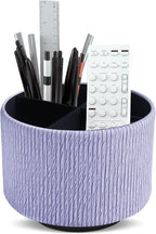 Round Leather Art Supply Organizer,Remote Control Holder,360 Degree Spinning,Multi-Functional Pencil Holder,4 Compartments Desktop Stationary Organizer(1-Wood Blue Purple)