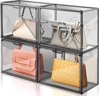 4 Pack Handbag Storage Organizer for Closet, ULENDIS Transparent Gray Acrylic Display Case for Handbag Purse, Stackable Storage Organizer with Magnetic Door for Wallet Book Cosmetic Toys Display