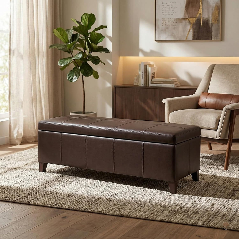 51" Coffee Brown Faux Leather Storage Ottoman | Foot Rest with Hinged Li...