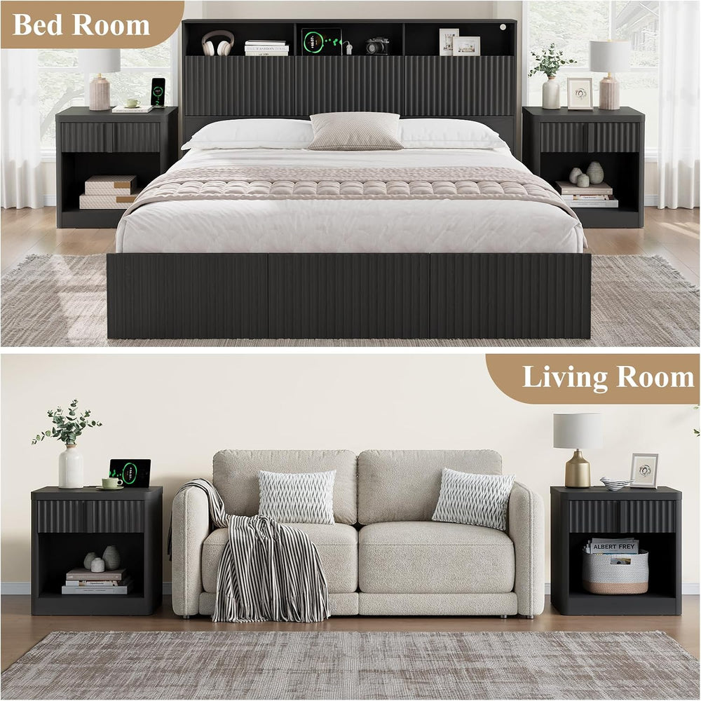 Fluted Nightstand with Charging Station, 23.6" End Table with Solid Wood...