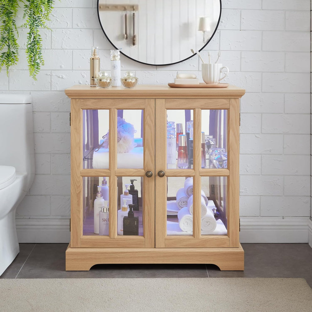 Small Curio Cabinet with Glass Doors and LED Lights, 30.32” W Black Wood Disp...