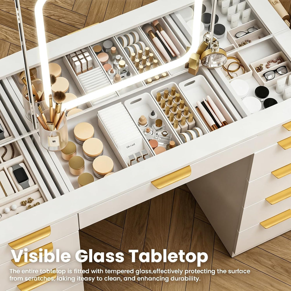 Pamapic Glass Top Vanity Desk with Foldable Mirror, 11 Drawers Makeup Vanity ...