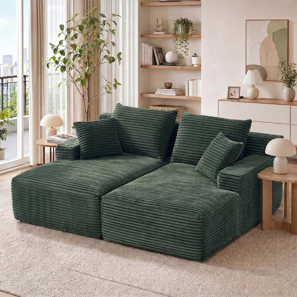 80" Boneless Chaise Lounge Chair Indoor, Double Chaise Lounge Chairs Indoor,Boneless Loveseat Chairs with Comfort Corduroy, No Assembly Required/40D Memory Foam/Living Room/Bedroom (Green)