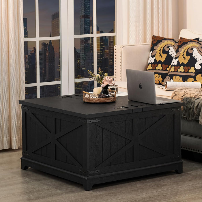 Joaxswe Coffee Table Sets 3, Farmhouse Side Table with Charging Station and Glass Barn Door Storage, Large Coffee Tables with Hidden Storage Organizer, Wood Furniture Sets for Living Room, Office