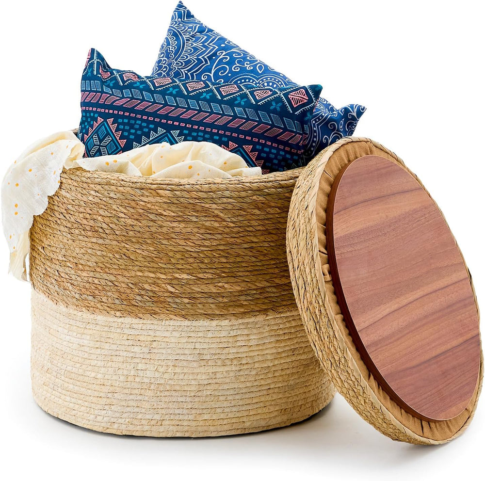 Wimarsbon Storage Pouf Ottoman, Hand Weaving Natural Straw Foot Stool, Bohemi...