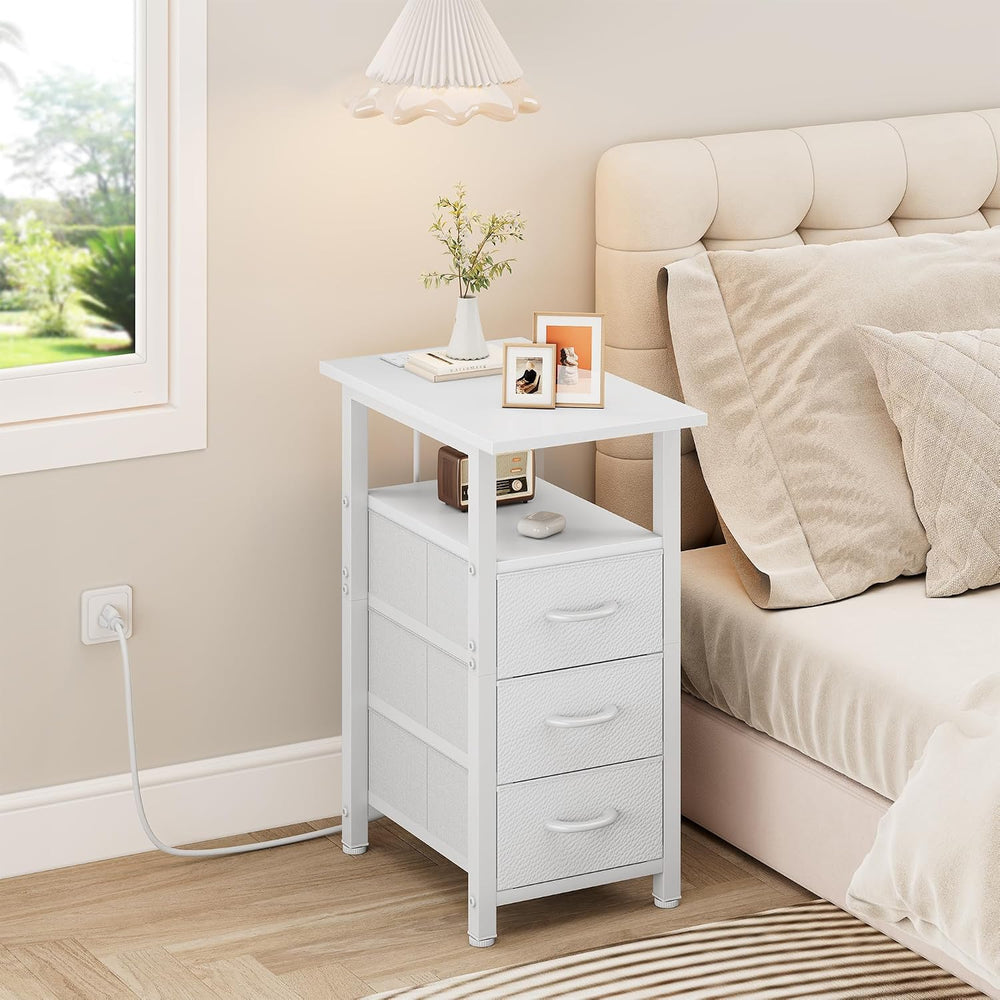 Vagusicc White End Table with Charging Station, Narrow Side Table, Narrow Nig...
