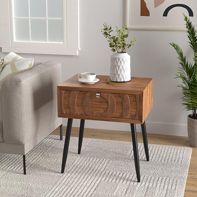 COSIEST End Table, Mid Century Modern Nightstand, Wood Bedside Table, Accent Night Stand with One Storage Drawer for Living Room, Bedroom (Brown, Circle Pattern)