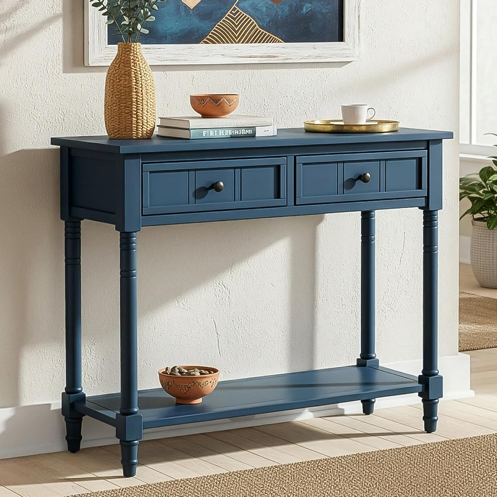P PURLOVE Console Table Sideboard Wooden Sofa Table with 2 Drawers and Bottom...