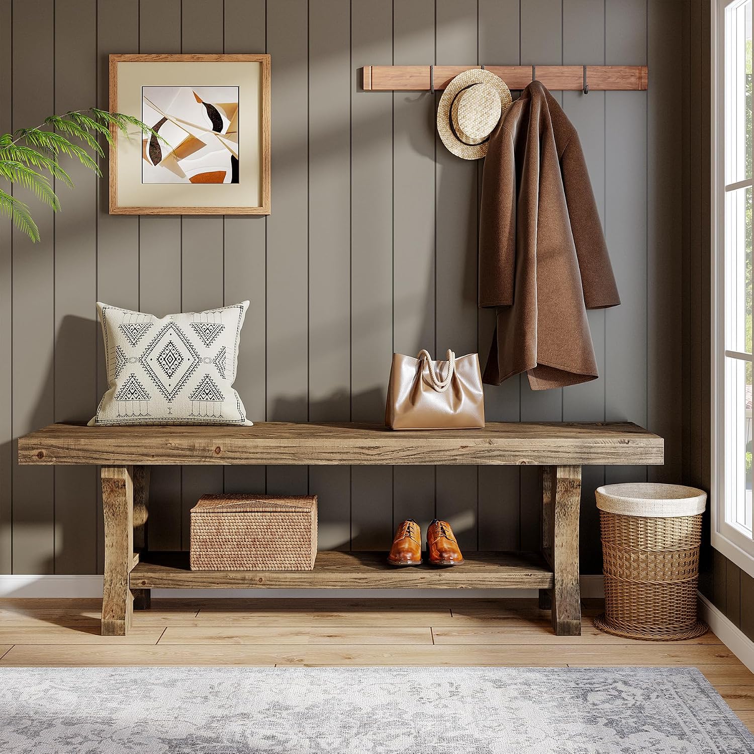 Solid Wood Storage Bench, Farmhouse Entryway Bench, Long Indoor Dining Seat for Hallway, Bedroom, Living Room, Dining Room, Easy Assembly, Dark Brown