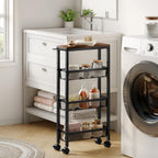 Hoctieon Slim Rolling Storage Cart, 4-Tier Narrow Kitchen Storage Cart with Handle & Wheels, Mobile Shelving Unit, Wooden Top & Metal Frame, Utility Cart for Kitchen, Small Spaces, Rustic Brown