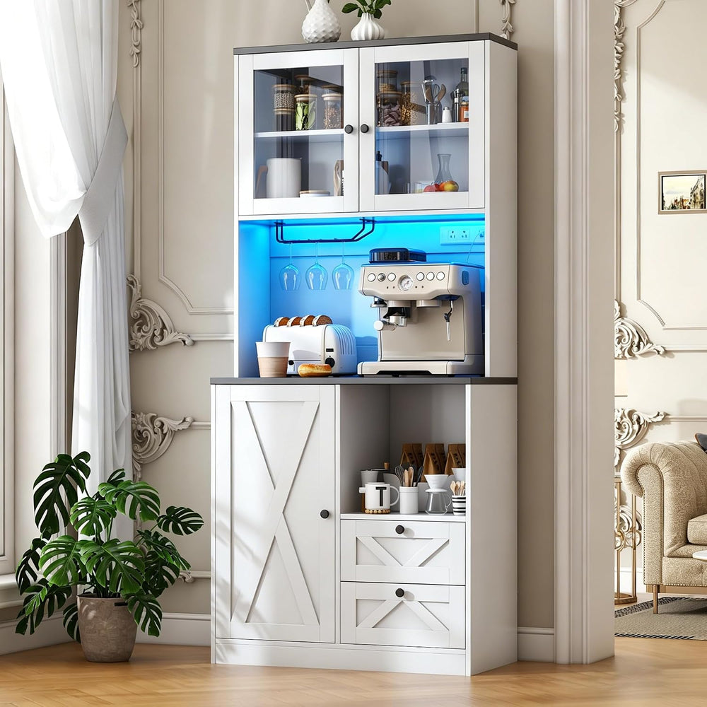 71" Tall Coffee Bar Cabinet with Storage Hutch, Farmhouse Kitchen Pantry...