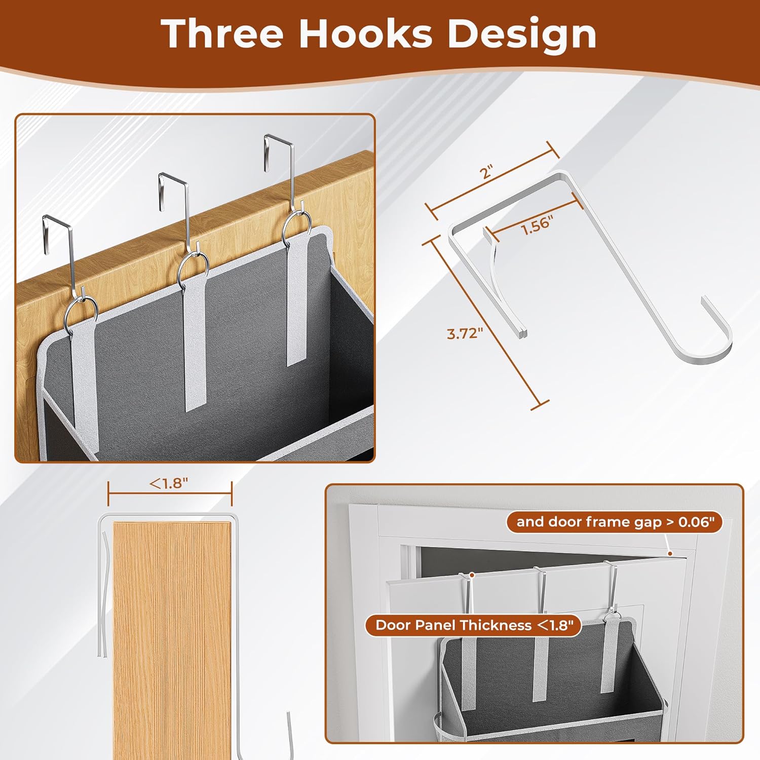 2 Packs 5-Tier Over the Door Organizer with 10 Side Mesh Pockets, 48 lbs Load Capacity, 3 Hooks Design, Hanging Storage Organizer with Clear Windows for Bathroom, Bedroom, Nursery, Kitchen-Grey