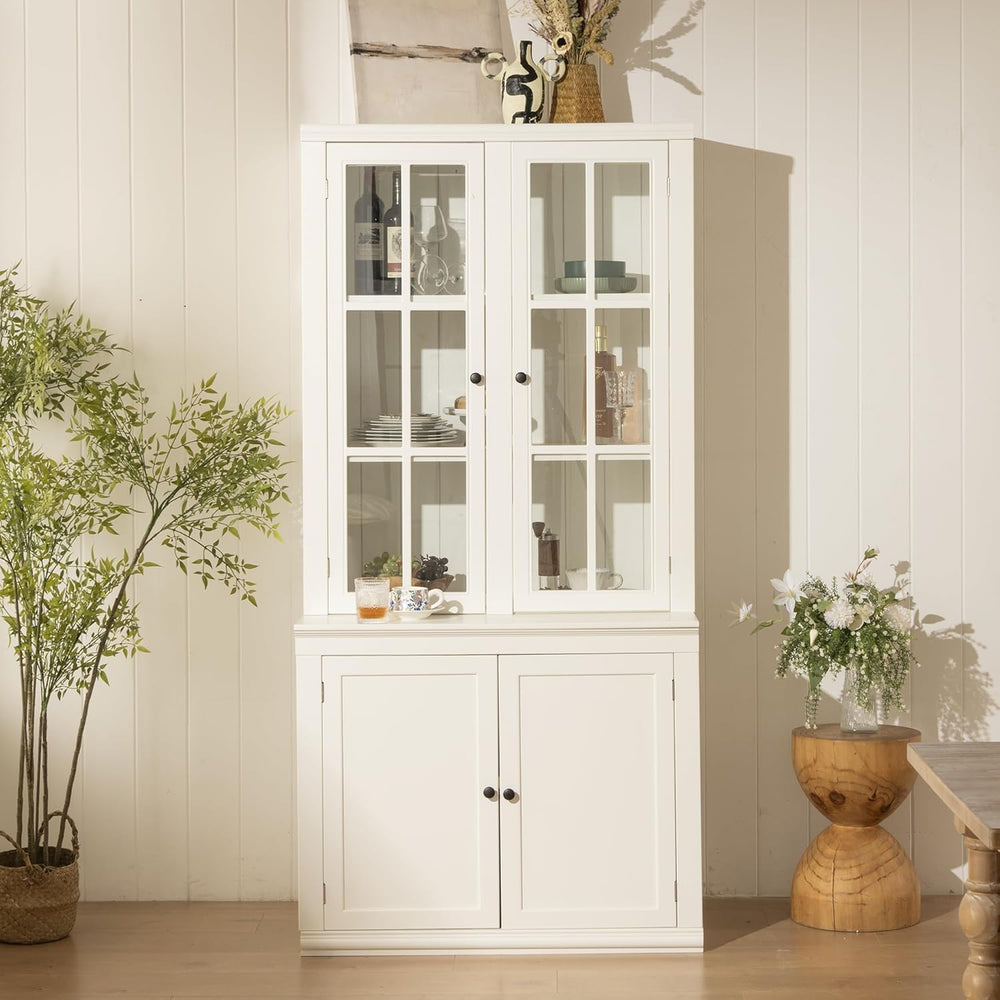 Virubi 75'' Tall China Hutch Cabinet with Glass Doors, Kitchen Pantry...