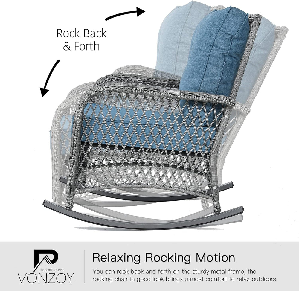 Patio Furniture Set 3 Pieces, Wicker Outdoor Rocking Bistro Set, Blue | VONZO...
