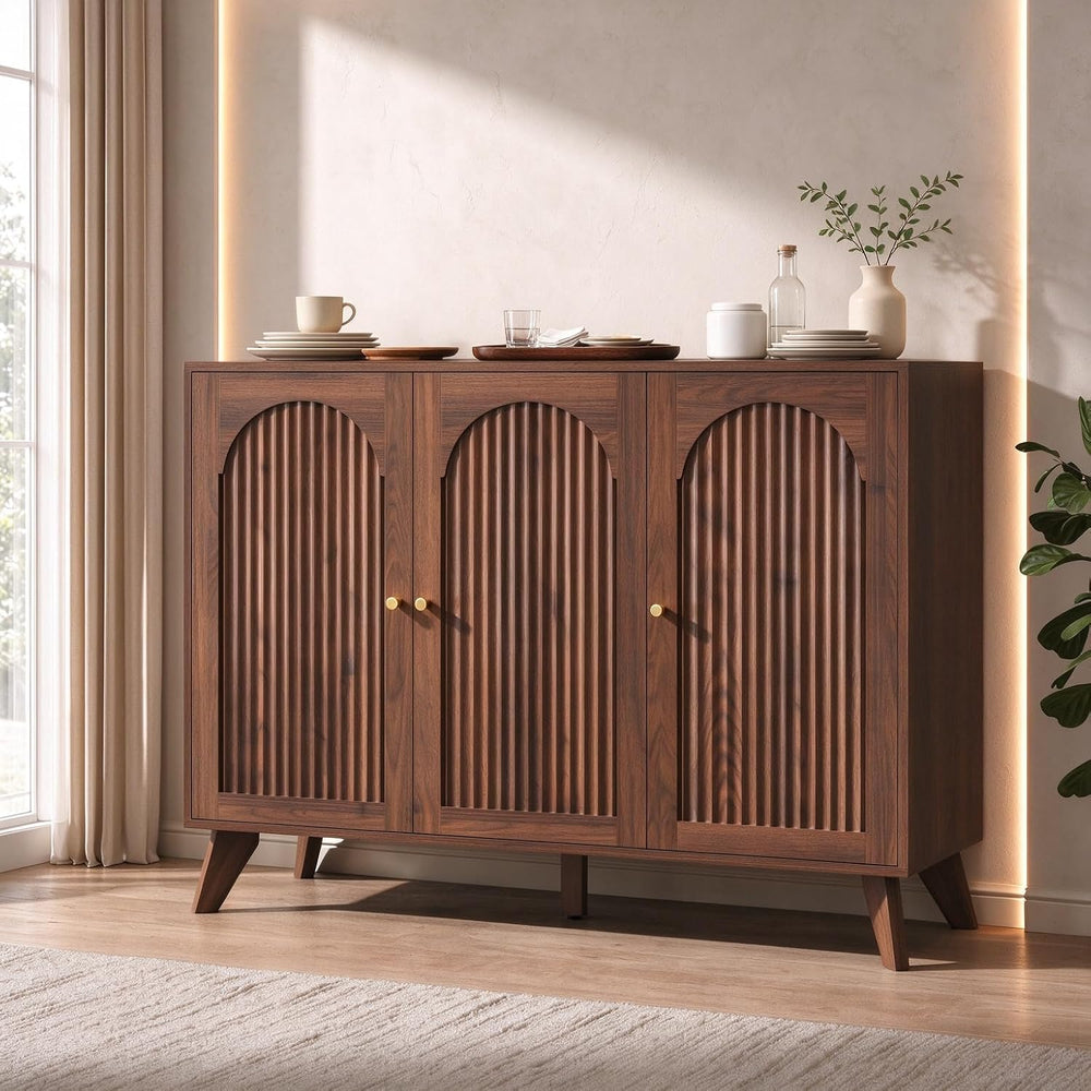 Modern Arched Storage Cabinet 47"W Wood Sideboard Buffet Cabinet Walnut