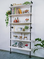 6 Tier Industrial Ladder Shelf Bookcase, Wall Mounted Rustic Bookshelf for Living Room Decor and Storage (White, 6 Tier - 10" D x 36" W x 82.5" H)