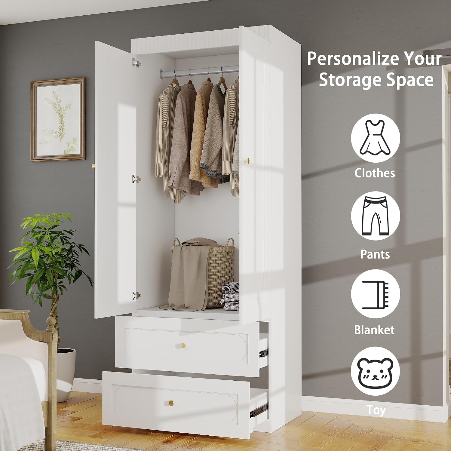Armoire Wardrobe Closet with Drawers: 74" White Wardrobe Closet with 6 Doors, Large Armoire with 6 Drawers, Hanging Rod, Wood Closets for Bedroom