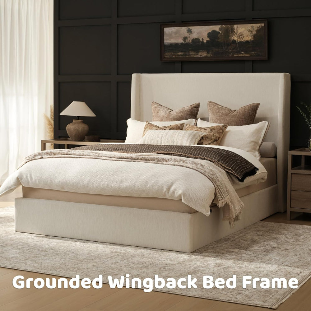 RECCI Queen Bed Frame with 53'' Extra Tall Wingback Headboard, Low Pr...