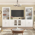 128.2" W Wall Unit Entertainment Center with Bookshelves for TVs up to 80", Multifunctional TV Stand Media Console with Tempered Glass Cabinets and Adjustable Shelves for Living Room (White-1.28)