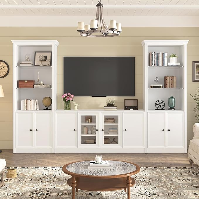 128.2" W Wall Unit Entertainment Center with Bookshelves for TVs up to 80", Multifunctional TV Stand Media Console with Tempered Glass Cabinets and Adjustable Shelves for Living Room (White-1.28)