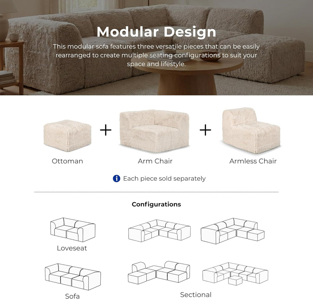 Furniture of America Havyn Modern Faux Fur 1-Seater Square Modular Foam Ottom...