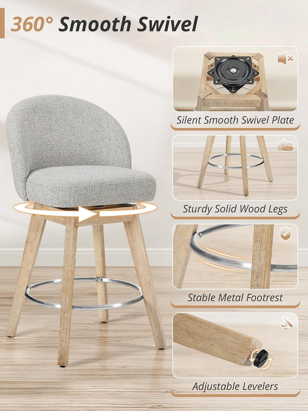 LUE BONA 360° Swivel Bar Stools Set of 4, 26" Wood Legs, Fabric Light Gray