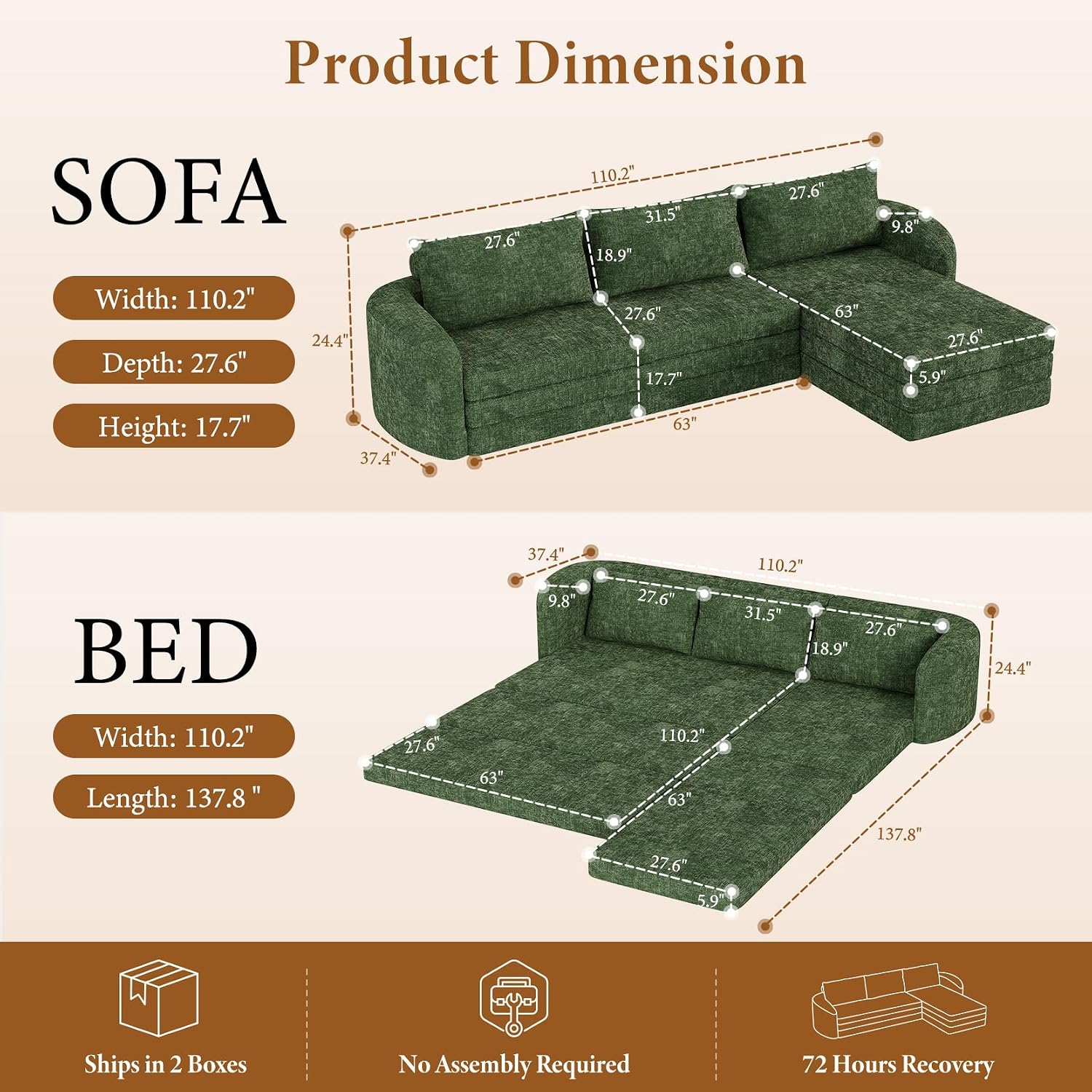 Vesgantti 6 in 1 Convertible Folding Sofa Bed, Futon Sectional Couch, Green | 110.2" L Shaped Modular Sleeper Sofa, Curved Armrest, Deep Seat Boneless Couches for Living Room, Chenille, Right Facing