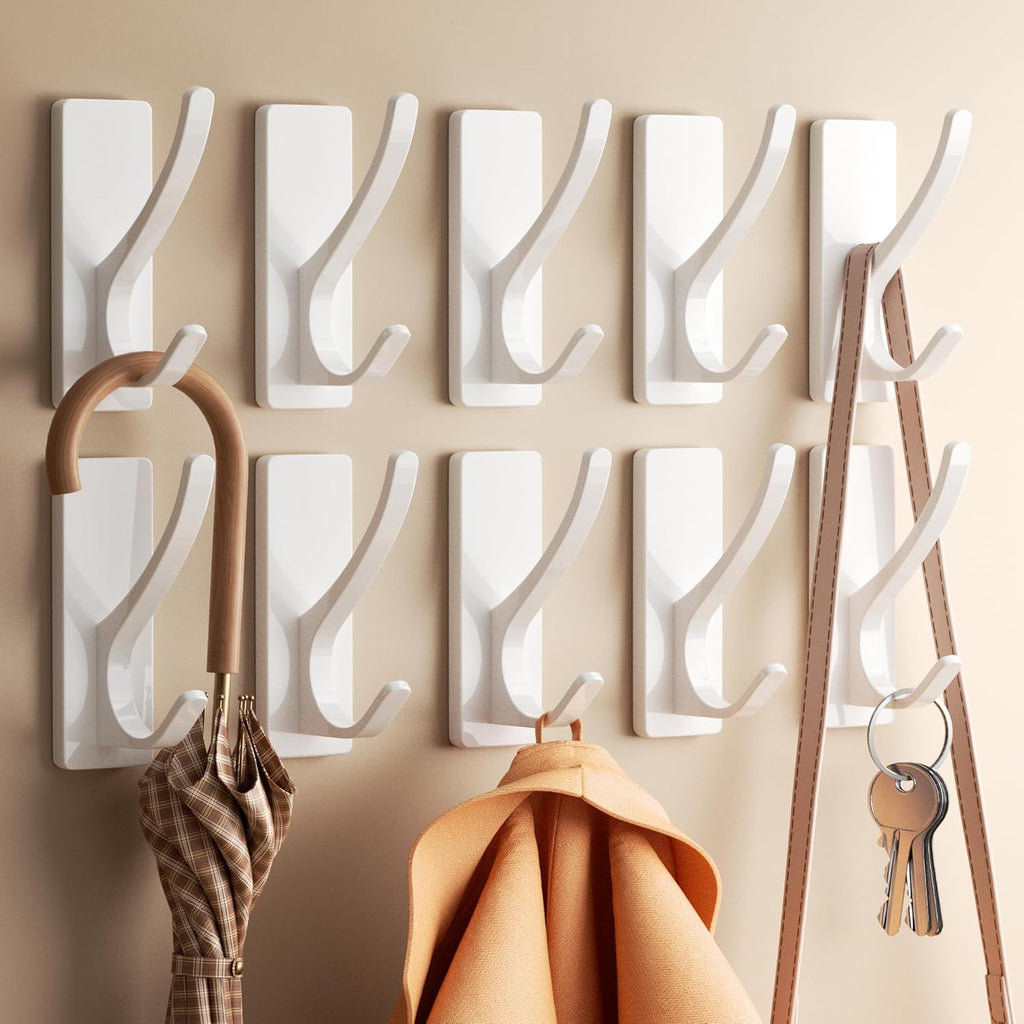 pickpiff Self Adhesive Coat Hooks for Hanging, Heavy Duty Stainless Double Wall Hook for Towel, Backpack, Hat, Sturdy Metal Hanger for Bathroom, Bedroom, Door, Wall Mounted, 10 Pack, White