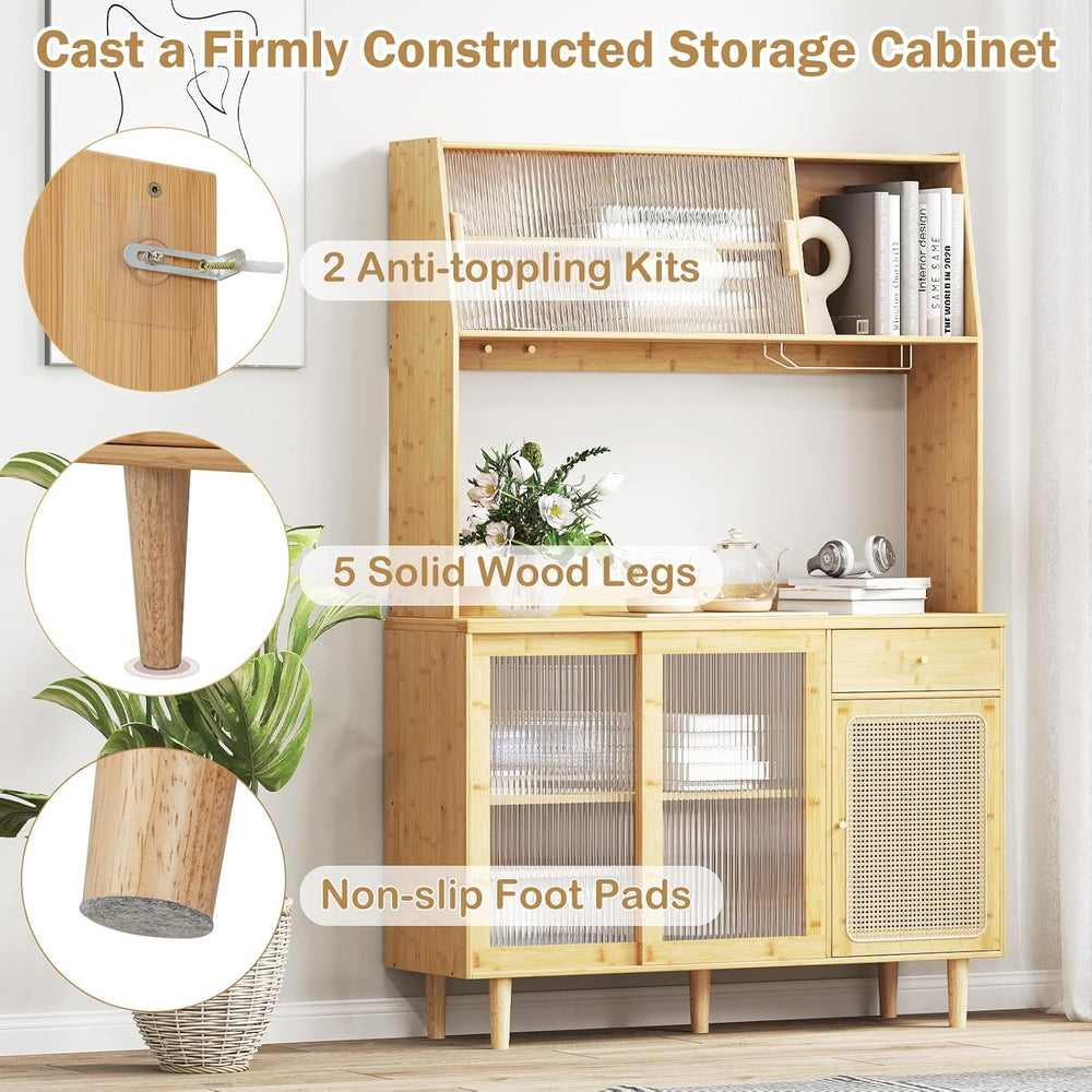 LOKO 69” Tall Bamboo Pantry Cabinet with Hutch, Kitchen Buffet Sideboard with...