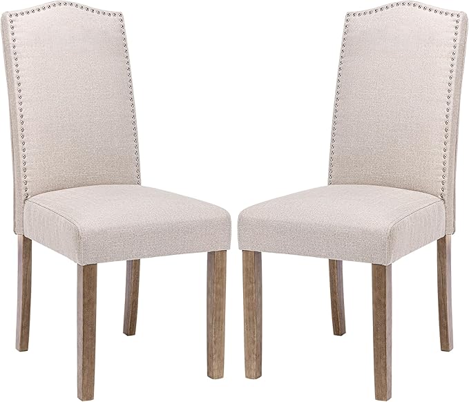 Upholstered Dining Chair Modern Stylish Parsons Kitchen Diner High Back with Silver Nailhead Trim & Wood Legs, Set of 2, Fabric Beige