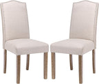 Upholstered Dining Chair Modern Stylish Parsons Kitchen Diner High Back with Silver Nailhead Trim & Wood Legs, Set of 2, Fabric Beige