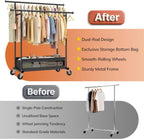 Clothes Rack, Double Rod Clothing Rack with Storage Bag & Sturdy Wheels, Metal Garment Rack for Closet Organizers and Storage, 43.3" W×17.7" D×63" H
