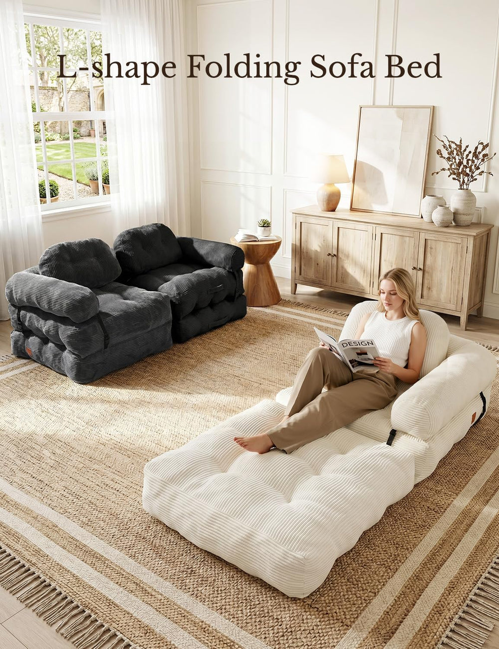 Folding Sofa Bed, L-Shaped Couch Back Support and Arm Pillow Futon | Converti...