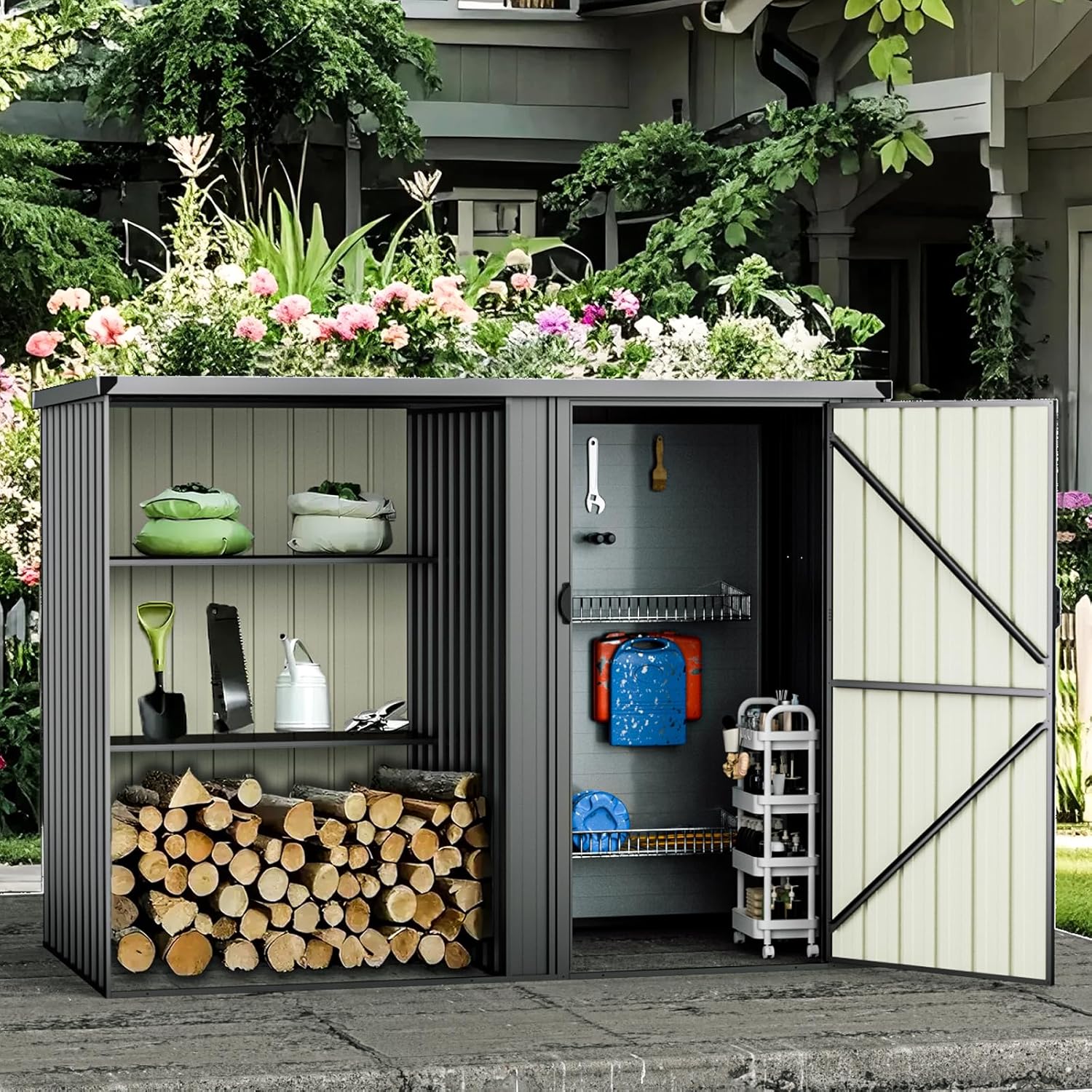 2 in 1 Metal Outdoor Storage Shed with Firewood Rack, 8×4 FT Lockable Waterproof Garden Tool Shed with Shelves, Open & Enclosed Dual-Storage Backyard Patio Shed with Sloped Roof (No Floor)