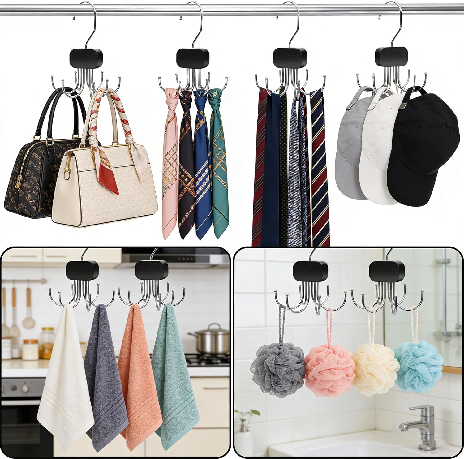 Belt Hanger for Closet, 3 Pack Belt Organizer for Closet Space Saving & Storage, 360° Rotatable & Foldable Hooks, Large Capacity Holder Rack for Tie, Tank Top, Bra, Purse, Hat (Black)