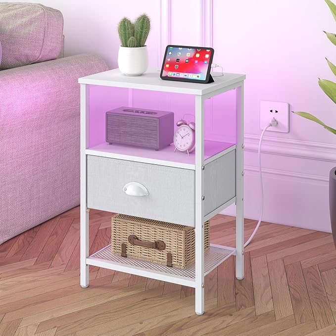 Sthmec Nightstands Set of 2, LED Bedside Tables with Charging Station and Fab...
