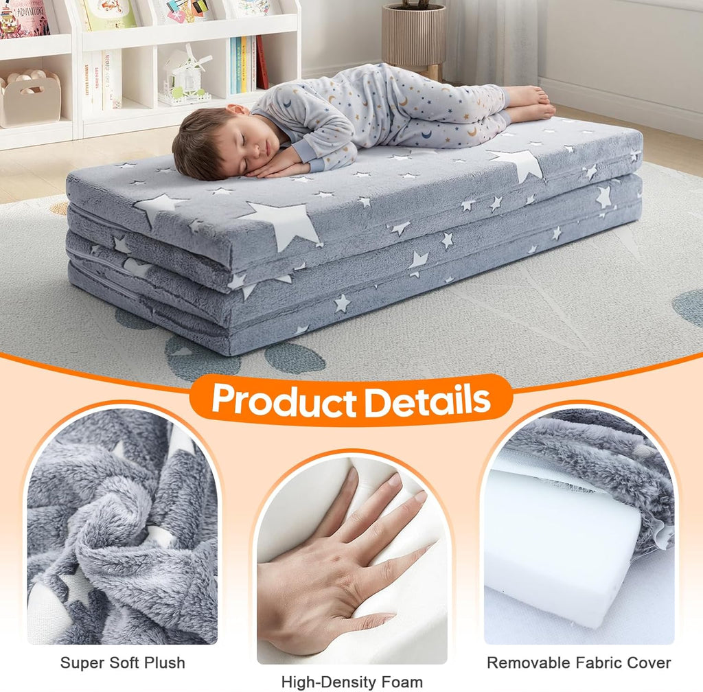 MeMoreCool Foldable Kids Floor Mattress, Play Mat Muscle Mat Large 6x4 FT, Thicken Foam Tatami Futon Mattress for Children Play Area, Sleeping Crawling Pad for Playroom, Grey Star