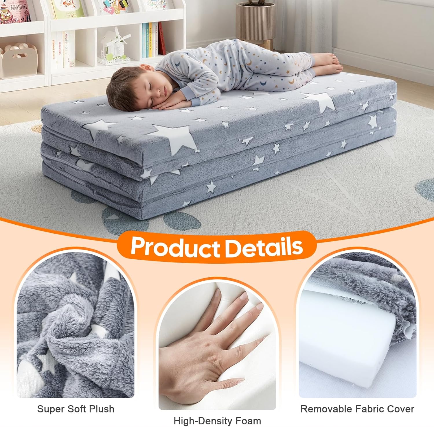 MeMoreCool Foldable Kids Floor Mattress, Play Mat Muscle Mat Large 6x4 FT, Thicken Foam Tatami Futon Mattress for Children Play Area, Sleeping Crawling Pad for Playroom, Grey Star